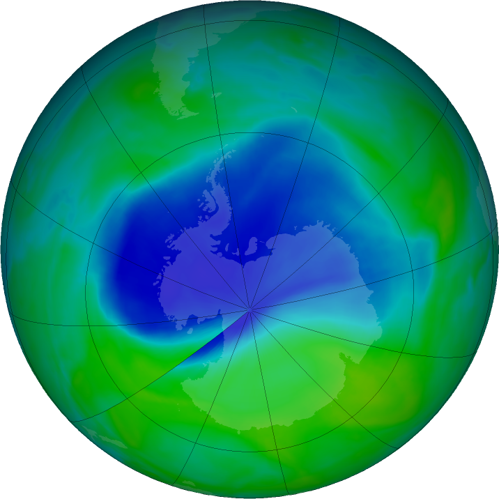 Green circle of Earth centered on South Pole with blue irregular patch of ozone hole over Antarctica.